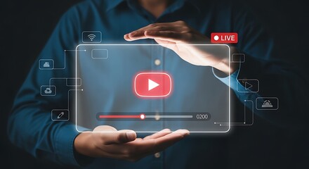 Man presenting live video content on holographic display with modern technology and creative icons