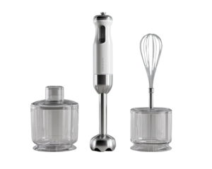 White hand-held immersion blender set with two clear glass jars