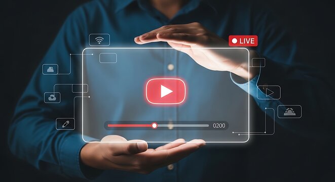 Man presenting live video content on holographic display with modern technology and creative icons - Powered by Adobe