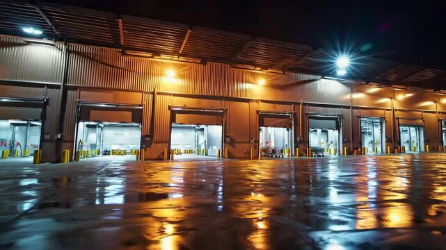 The brightly lit receiving and shipping platforms located at large industrial storage and distribution facility