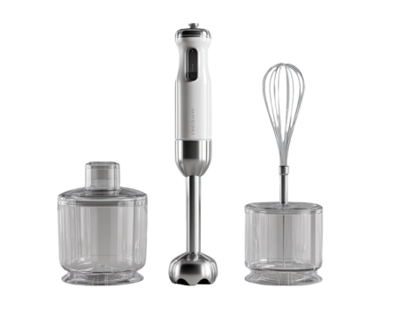 White hand-held immersion blender set with two clear glass jars