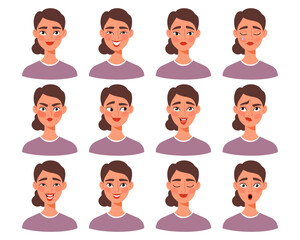 Set of female facial expressions. Woman showing different emotions. Perfect for emotional intelligence, psychology, education, animation, and character design projects