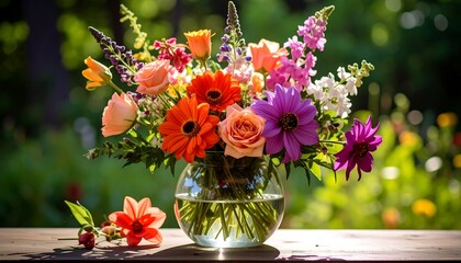 Vibrant flower bouquet in clear glass vase, bathed in sunlight