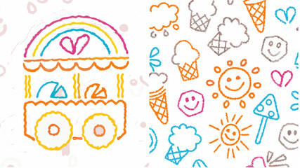 Illustration featuring a rainbow topped food cart and a pattern of suns, ice cream, and smiley faces hand drawn silhouette