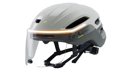 Light gray bicycle helmet with integrated light bar and visor