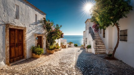 Fototapeta premium Serene cobblestone street winds toward the blue sea, framed by white buildings and lush flora