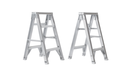 Two lightweight aluminum A-frame step stools or sawhorses, isolated on a black background.  They are identical in design, with sturdy construction, and a simple, functional form.