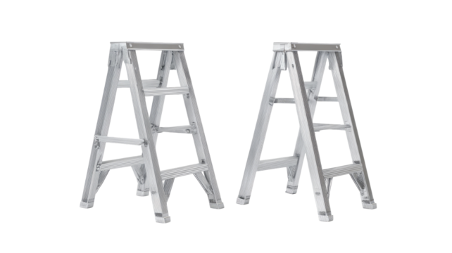 Two lightweight aluminum A-frame step stools or sawhorses, isolated on a black background.  They are identical in design, with sturdy construction, and a simple, functional form.