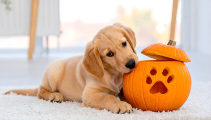 Puppy Playing with Jack-o'-lantern Decorations
