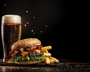 Set of hamburger beer and french fries. A standard se. Array of burger ale and fried potato. a typical assortment for lunch dinner or a quick bite. tasty meal junk food concept