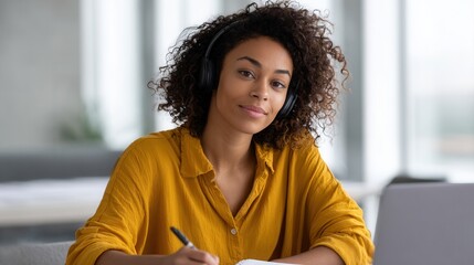A young woman wearing headphones sits at a desk, writing notes while using a laptop. The setting is bright and modern, conveying focus and productivity.