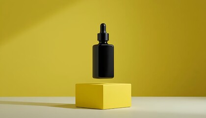 Black dropper bottle mockup on yellow block for serum or essential oils