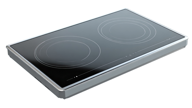 Modern, sleek, flat-top electric cooktop with two burners.  The surface is a dark gray/black glass, with light gray/silver accents.  Burner controls are circular