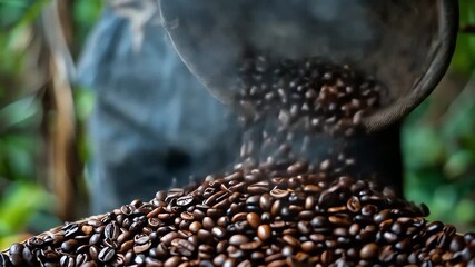 Roasted coffee beans pouring from a basket into a pile - Powered by Adobe