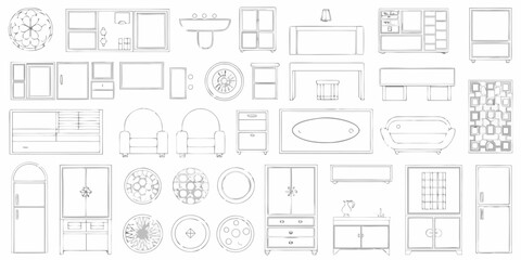 Collection of hand drawn furniture and decor elements for interior design and architectural planning