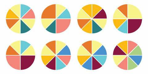 Obraz premium Eight colorful pie charts with different color combinations on a white background