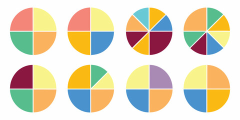 Fototapeta premium Collection of colorful oval pie charts with different segments and color palettes on a white background