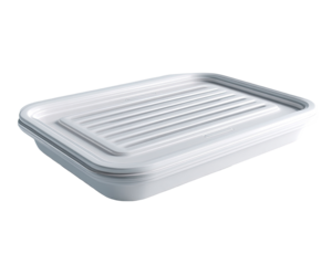 Rectangular, white food container with ribbed lid