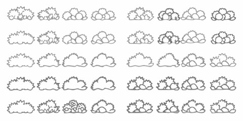 Collection of hand drawn stylized bush and shrub illustrations in various shapes and sizes