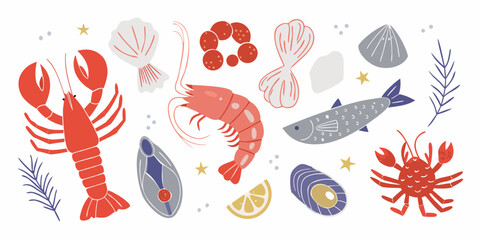 Collection of stylized seafood illustrations including lobster shrimp fish mussels scallops and lemon slice