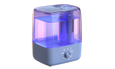 Compact, light gray humidifier with clear plastic sections, showing water level and internal components.  A control dial is visible on the base