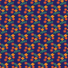 A repeating pattern of small, colorful flowers and leaves in shades of orange, red, and blue against a dark blue background.