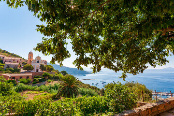 Panoramic view on Gulf of Sagone from Carg&egrave;se, Corsica, France, typical and picturesque hillside village. Hilltop town nestled on the coast above the Mediterranean sea.