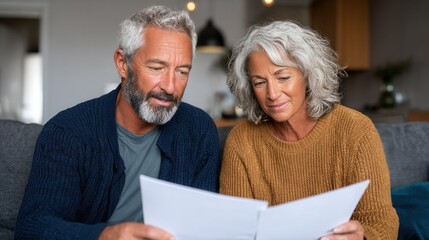 A mature couple sitting on a couch, reviewing documents together in a warm, inviting living room. The mood is focused and collaborative.