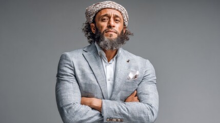 Confident man in traditional headwear poses in tailored suit against a neutral background showcasing modern professional style