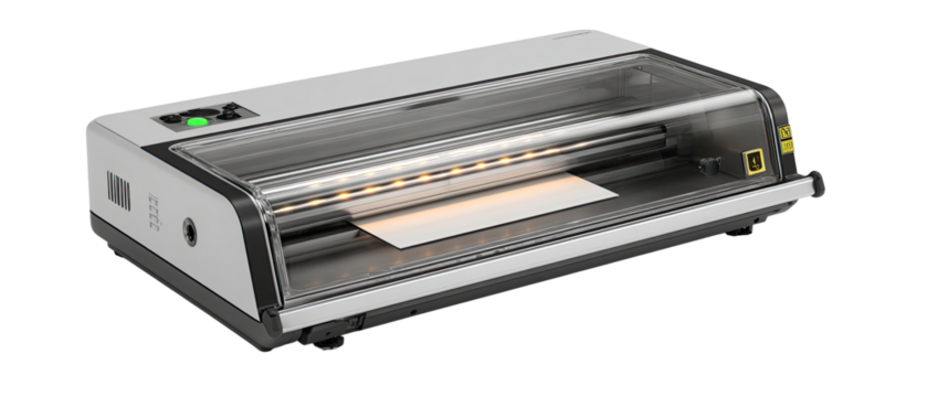 A light gray and black document scanning or printing machine with a clear viewing cover.  It has a row of lights and a document inside