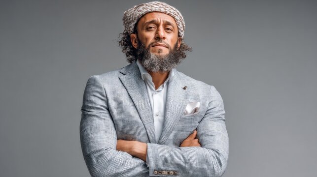 Confident man in traditional headwear poses in tailored suit against a neutral background showcasing modern professional style - Powered by Adobe