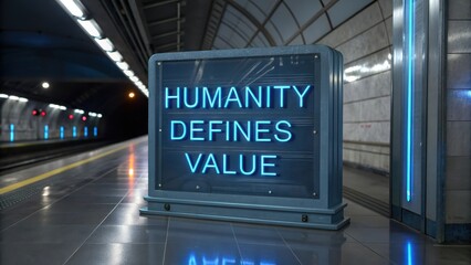 Neon Sign on Subway Platform Shows Humanity Defines Value Message