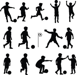 Kids playing soccer silhouettes, children football action poses, boys and girls with ball, sports training, team game, youth activity illustration