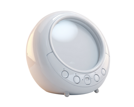 Round, white, modern alarm clock.  Features a large, blank display