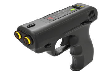 Handheld, dark gray device with two orange emitters.  Small display.  Grip-style handle.  Like a pistol