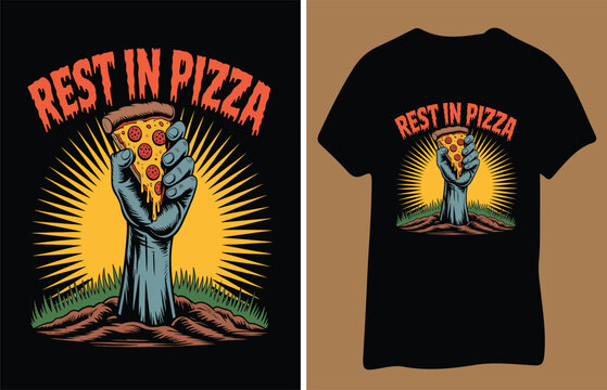Zombie hand holding pizza slice with rest in pizza text