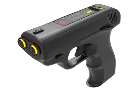 Handheld, dark gray device with two orange emitters.  Small display.  Grip-style handle.  Like a pistol