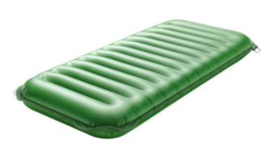 Inflatable, rectangular sleeping pad, olive green.  Features longitudinal channels