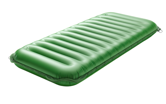 Inflatable, rectangular sleeping pad, olive green.  Features longitudinal channels