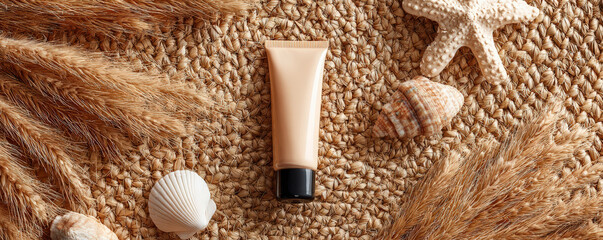 Realistic sunscreen tube rests on textured surface surrounded by seashells and dried grass, evoking serene beach atmosphere. Perfect for summer vibes and skincare themes