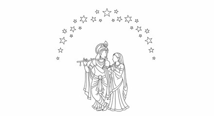 Obraz premium Divine couple Radha Krishna black and white outline drawing.