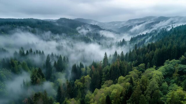 Fog covering pine forest in mountain valley scenic natural landscape with misty hills environment wilderness travel adventure and atmospheric nature background