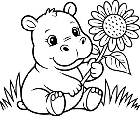 Adorable Hippo with Sunflower Coloring Page Vector Illustration Black and White