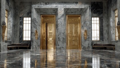 Fototapeta premium Grand hall with polished marble floors and gold doors