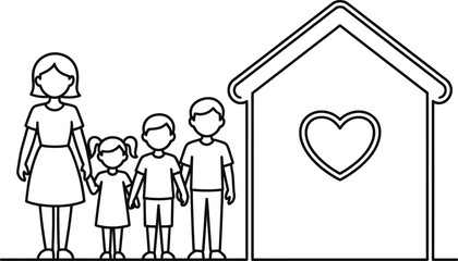 Happy family standing in front of a house with a heart symbol