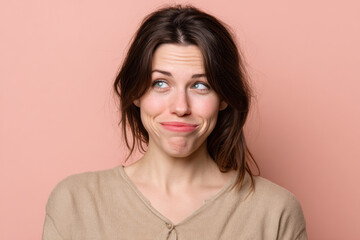 Obraz premium woman with slight smile on her face just having received bad news stands in front of clean soft pink backdrop