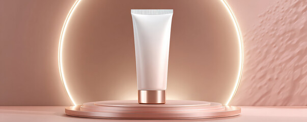 Realistic sunscreen tube displayed on circular pedestal, illuminated by soft glow. product features sleek design with smooth surface, perfect for skincare enthusiasts