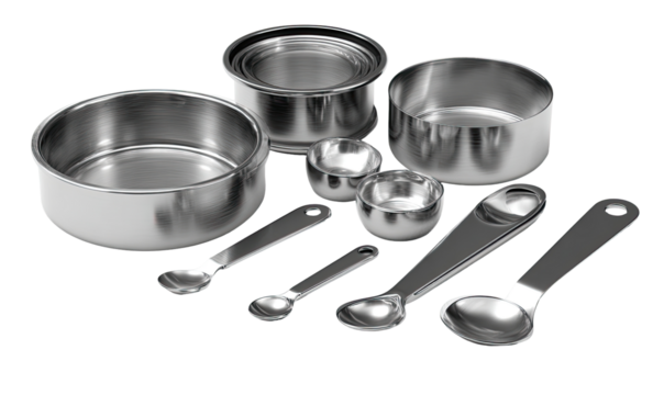 Set of stainless steel measuring cups and spoons.  Various sizes.  Kitchen tools