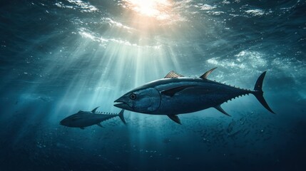Fototapeta premium Two large, blue tuna swim in sunlit, deep ocean waters, surrounded by smaller fish