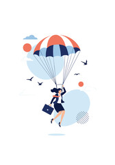 Woman gracefully descending from sky attached to parachute holding briefcase ready for business opportunities ahead